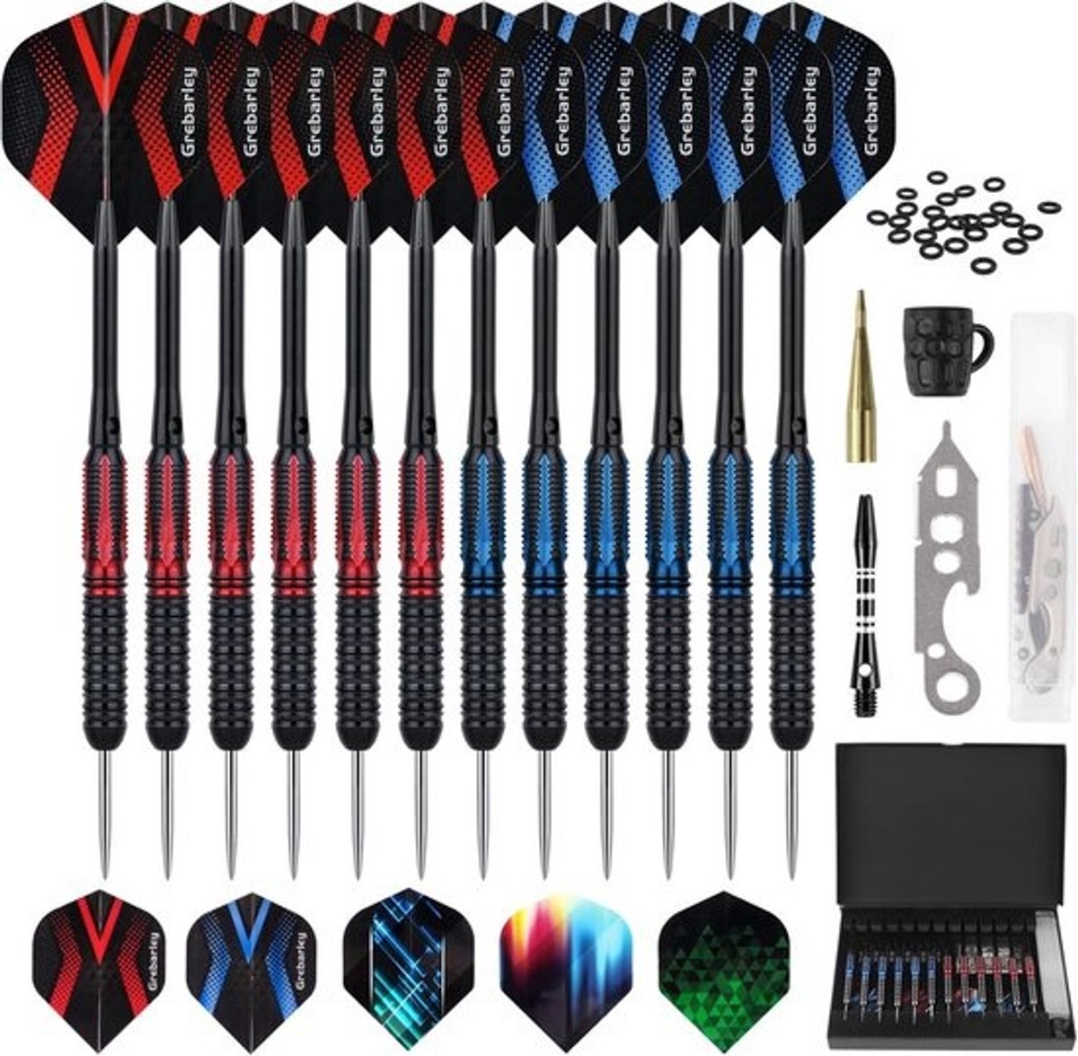 Dartpijlen set met metalen punt, 12 stuks in 20g en 22g, professionele stalen darts met aluminium schachten en accessoires