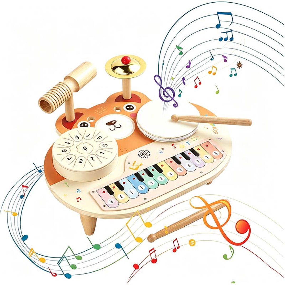 Houten Montessori-muziekspeelgoed – 5-in-1 houten piano- en drumset – Muziekspeelgoed voor kinderen – Tamboerijn – Speelgoedinstrumenten – Muziekset – Educatief speelgoed voor kinderen van 1 tot 3 jaar