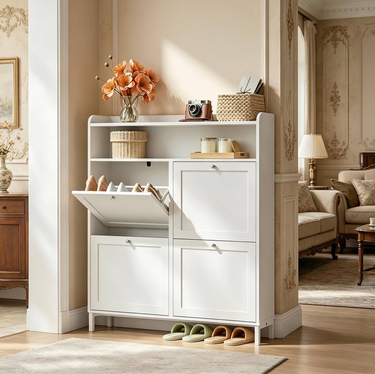 COVREO Schoenenkast 100 x 19,5 x 107 cm wit metaal en spaanplaat - 4 klapdeuren - smal ontwerp