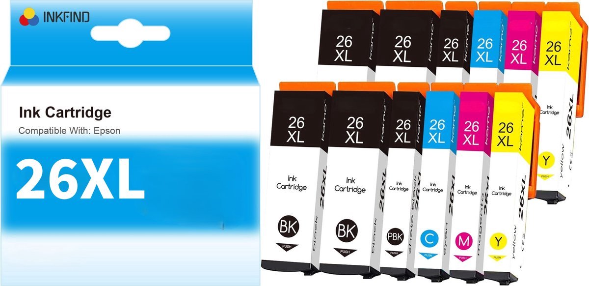 INKFIND 26XL Inkt cartridge 12 Pack (Zwart*4+Foto Zwart*2+Cyaan*2+Magenta*2+Geel*2) compatibel met Epson T2621/T2631/T2632/T2633/T2634 voor Epson Expression Premium XP 820 810 800 720 710 700 625 620 615 610 605 600 520 510 -12-pack
