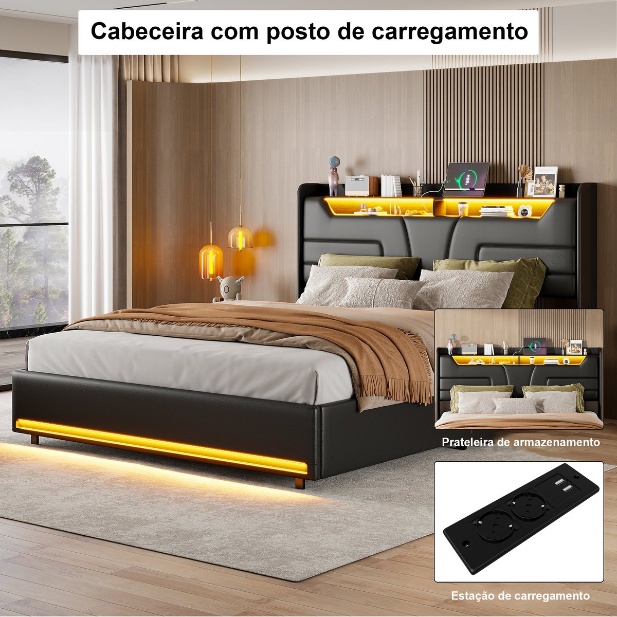 Opbergbed 140x190 cm met ledverlichting, gewatteerd hoofdbord met opbergruimte en USB-oplaadpoort, Tweepersoonsbed met lattenbodem, bedframe 140x190, PU-leer Zwart