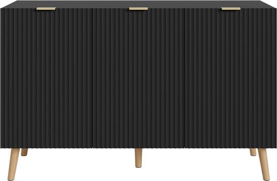 Zwart dressoir met 3 deuren en gouden handgrepen, verticale ribbelstructuur en houten pootjes.