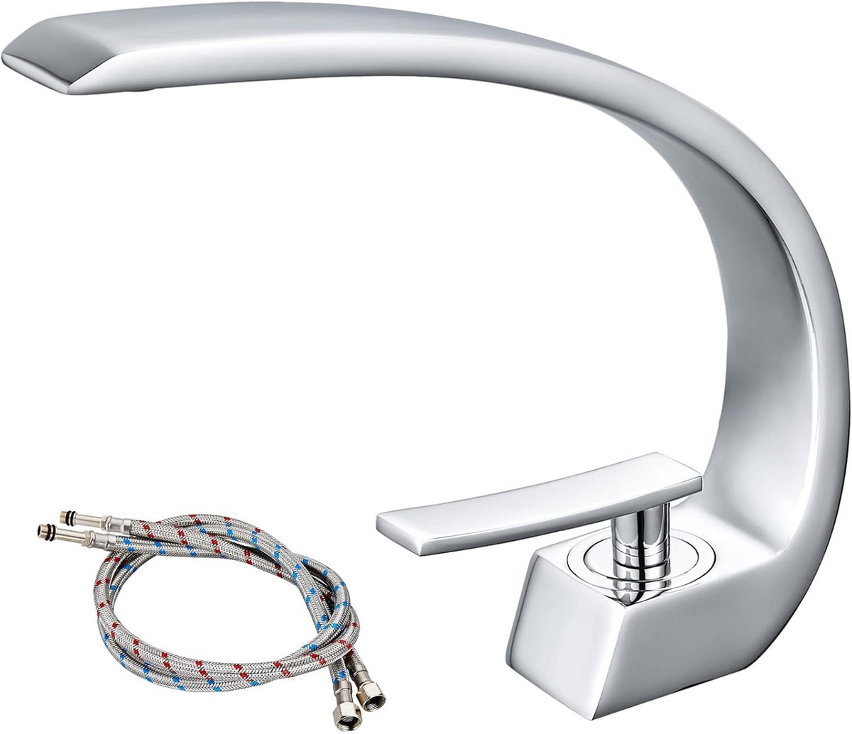 REDOM Wastafelkraan 22,5 cm – Mengkraan voor warm en koud water – Moderne badkamerkraan – Messing – Zilver – 33-40 mm montageopening