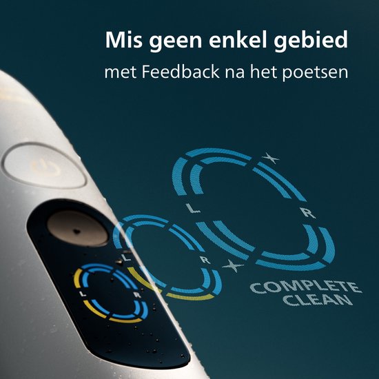 Close-up van het display van een elektrische tandenborstel met blauwe grafieken die de poetsdekking van linker- en rechterkaak weergeven.