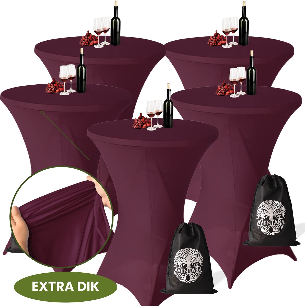 Statafelrok Bordeaux x 5 (Donker Rood) – Ø80-85 x 110 cm – Luxe Extra Dikke Stretch Stof – Inclusief Opbergtas – Kras- en Kreukvrije Statafelhoes – Perfect voor Horeca, Bruiloften en Feesten