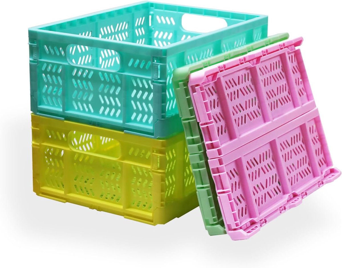 Set van 4 plastic opbergkratten, opbergbox voor thuis, keuken, kantoor, opvouwbare opbergmand voor voedsel, fruit, groenten, snacks, flessen, speelgoed, voorraadkast, opbergkratten mand