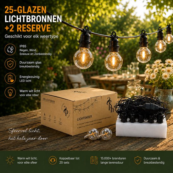25-glazen lichtbronnen + 2 reserve. IP65 regen-, wind-, sneeuw- en zonbestendig. Duurzaam glas, energiezuinig LED.