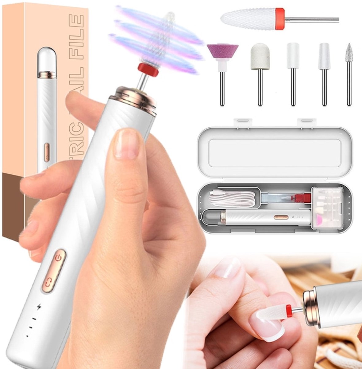 Elektrische Eeltverwijderaar - TENZHVXI® - Met opbergdoos - Draagbaar - Geluidsarm - USB - 15.000 tpm - 3 snelheden - Draadloze elektrische nagelvijl met 6 bitjes - Voor manicure, schuren en polijsten - Wit