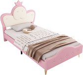 Gestoffeerd Kinderbed 90x200 cm met LED – Kinderbed voor Meisjes – Roze/Wit – Kroon Hoofdbord – LED Verlichting – PU Bekleding – Inclusief Lattenbodem