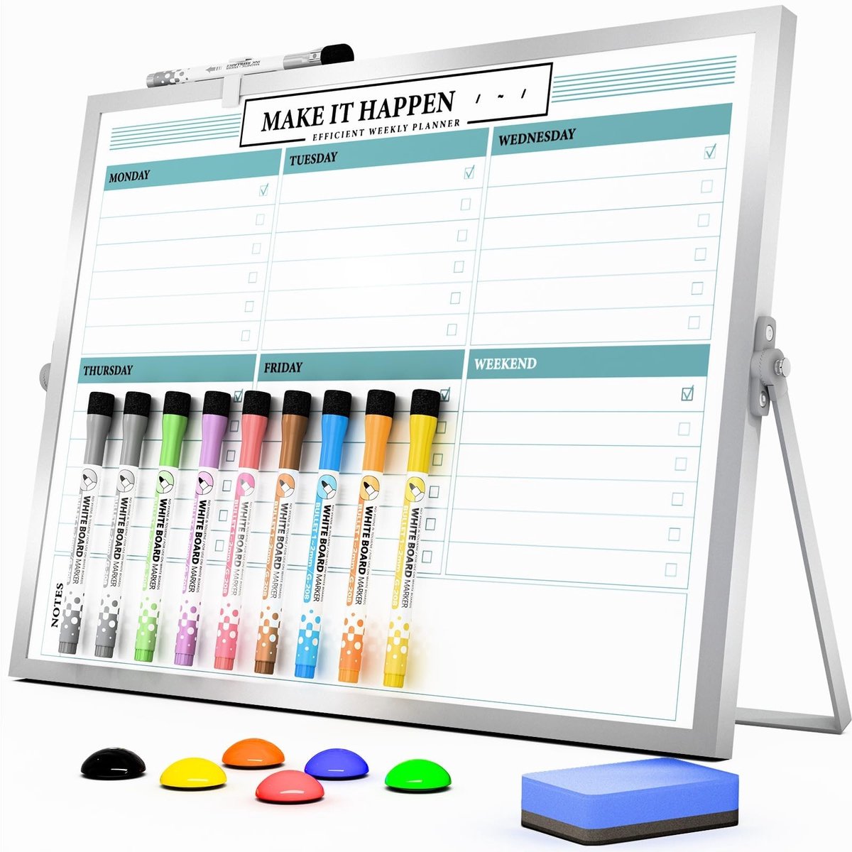 Solidchoice- Whiteboard Dubbelzijdig 12x16 inch - Wekelijks Schema - Magneten - Markeringen - Draagbaar - Onderwijs Benodigdheden - Planbord