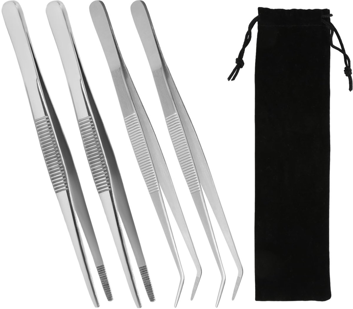 Dailygoods - 4 stuks 20 cm gebogen pincet, stompe pincet, roestvrij staal, professioneel pincet, lang, recht pincet, schuine pincetten voor waterhuisdieren, koraal, knutselen, koken, reparatie