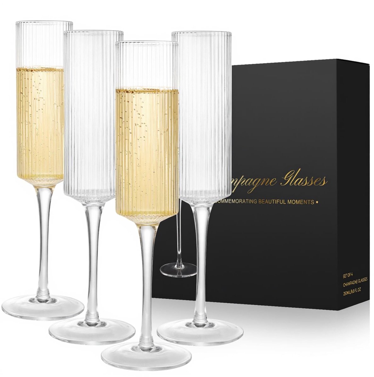 Dailygoods- Champagnefluiten Set van 4 - Loodvrij Kristal - 250ml - Elegante Feestgeschenken - Luxe Geschenkdoos - Verfijnde Rand - Wijnglazen