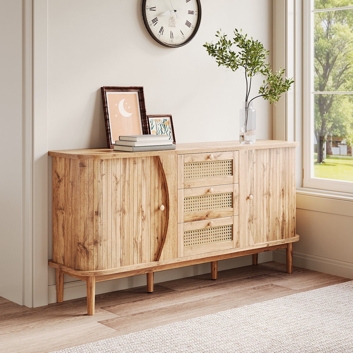 REDOM - Dressoir - 3 rotanladen - Schuifdeuren met verstelbare planken - Afgeronde randen - Woonkamer - Spaanplaat - Natuurlijk- 140,5 x 40 x 76 cm