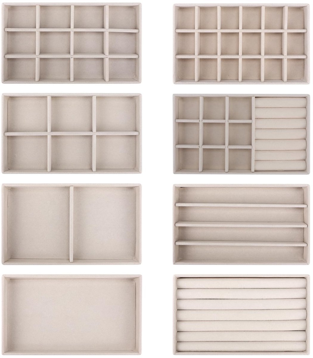 Dailygoods - EXLECO 8 stuks sieradenorganizers van fluweel met laden, stapelbare uitneembare plankjes voor oorbellen, ringen, armbanden en halskettingen - beige