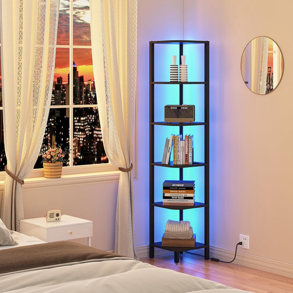 Hoppa! Hoekplank met LED-licht - 6-laags hoekboekenplank voor kleine ruimte - Zwart - 28 x 28 x 149 cm (B x D x H)