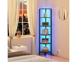 Hoppa! Hoekplank met LED-licht - 6-laags hoekboekenplank voor kleine ruimte - Zwart - 28 x 28 x 149 cm (B x D x H)