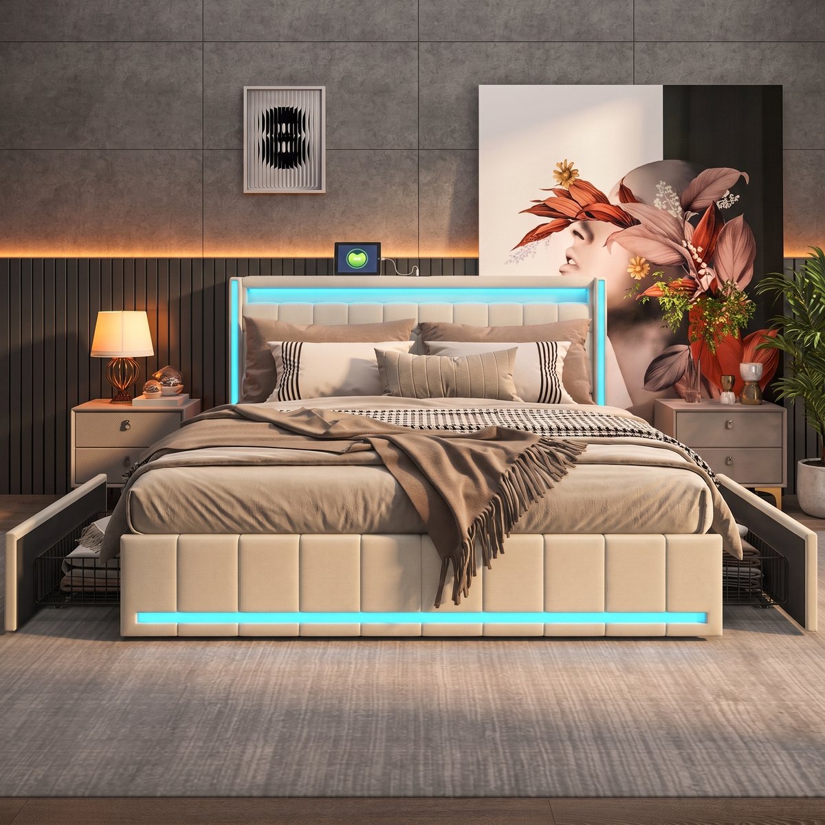Polsterbed 140x190 cm Beige – LED, 4 Lade, USB, Opbergruimte, Stoffen Bed