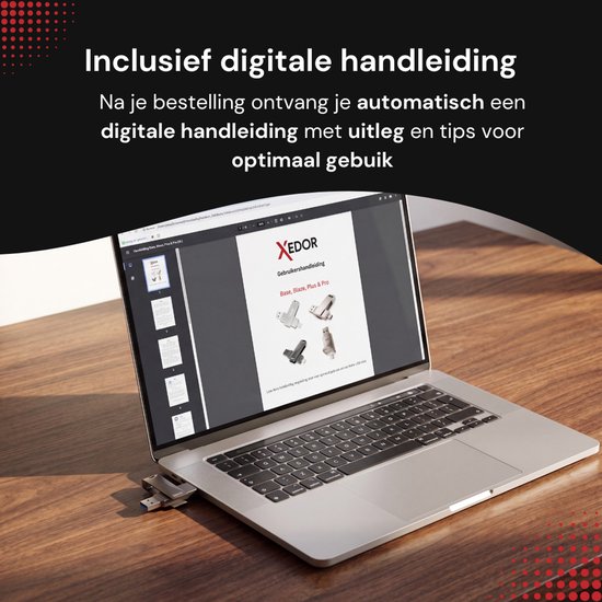 Laptop met geopende digitale handleiding van Xedor USB-sticks.