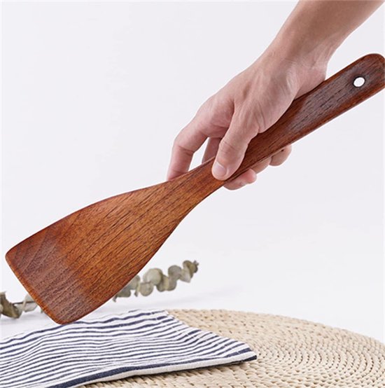 Spatel voor Koken, Massief Keukenspatel met Lang Handvat, Pannenlifter van Hout Keukengerei voor Wok, Pan met Antiaanbaklaag, Kookgerei voor Bakken, Koken, 33 x 8 cm, 2 Stuks — afbeelding 5