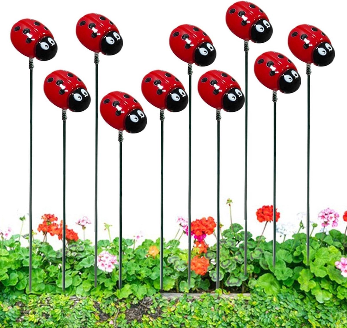 Lieveheersbeestjes Stokken - Tuindecoratie Pinnen - Tuin Decoreren - 3D Kunststof Waterdicht - 10 stuks 30 cm - Rood Zwart