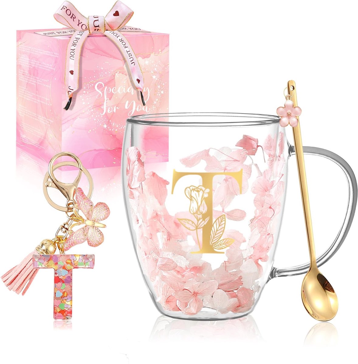 Dailygoods- Koffiemok Dubbelwandig - Borosilicaatglas - Hittebestendig - Isolatiebeker - Gedroogde Bloemen - Personaliseerbaar - Glazen Mok