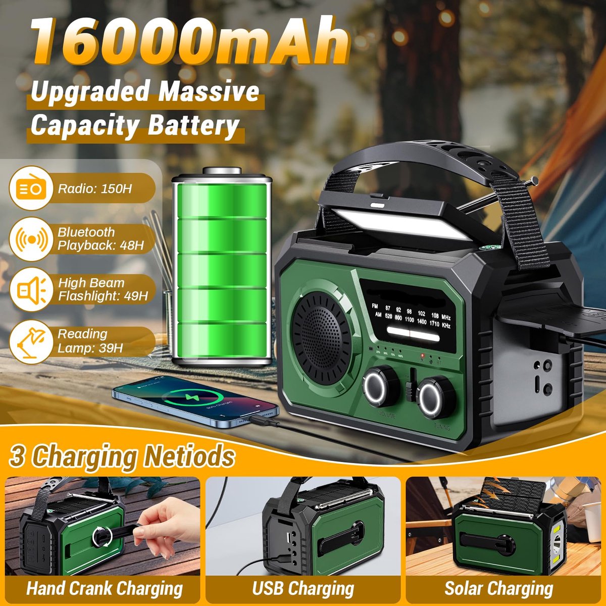 SnelShoppen - Draagbare zonne-radio 16000 mAh, AM/FM zwengelradio met USB noodfunctie, LED zaklamp, SOS-alarm en dynamo voor kamperen en reizen (leger