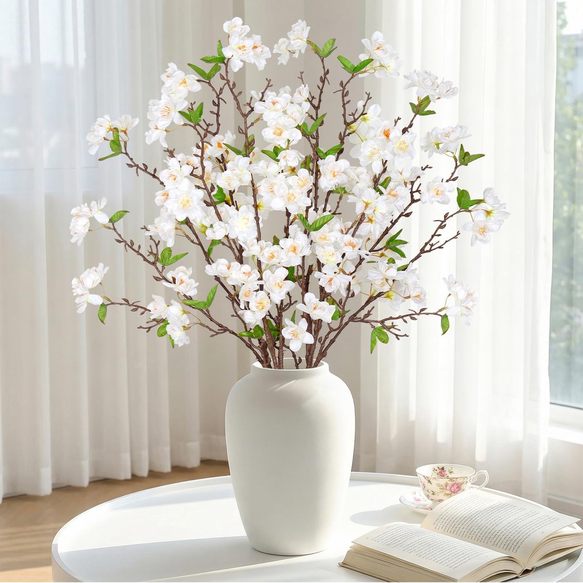 SnelShoppen - Kunstmatige Kersenbloesem Takken 4PCS Faux Zijde Bloemen 90cm Hoog voor Thuis Keuken Hotel Decoratie Wit