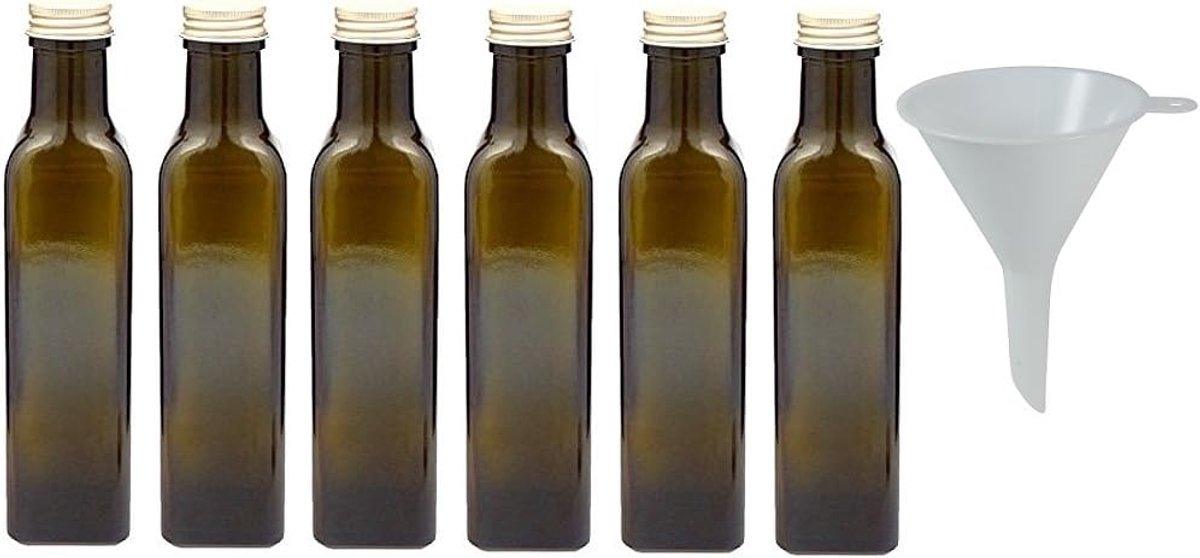 SnelShoppen - 6 x Bruine Glazen Fles/Oliefles 250 ml met Goudkleurige Sluiting, Lege Flessen als Voorraaddoos & Azijnfles Bruikbaar (incl. Trechter Ø