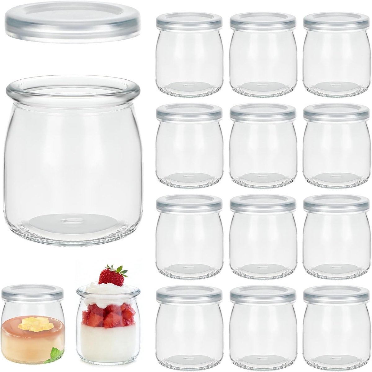 12 Stuks 200 ml Yoghurtpotjes met Deksel, Transparante Multifunctionele Dessertbekers voor Jam, Desserts, Pudding en Honing, Geschikt voor Vaatwasser, Koelkast en Magnetron