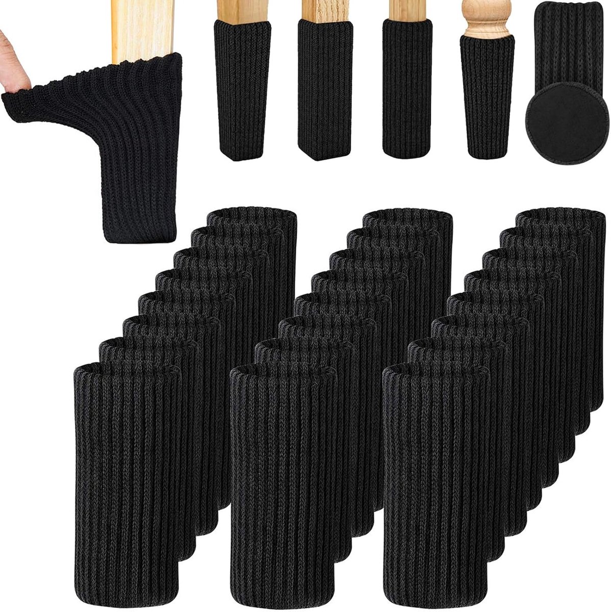 24 stuks stoelsokken, stoelpootsokjes, elastische gemêleerd gebreide stoelbeschermers, antislip pads voor meubels, tafel, stoelpootdoppen, meubelsokjes voor ronde/hoekige stoelpoten (zwart)