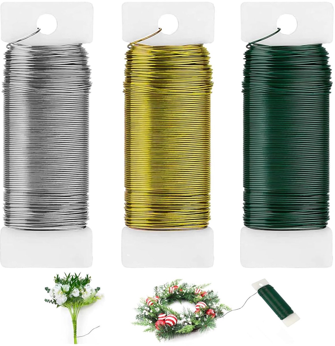 Draadset, 3 rollen (elk 50 m), dunne sieradendraad, om te knutselen, koperdraad, wikkeldraad, voor doe-het-zelf handwerk, bloemisteren, sieraden maken, decoratie (goud, zilver, groen)