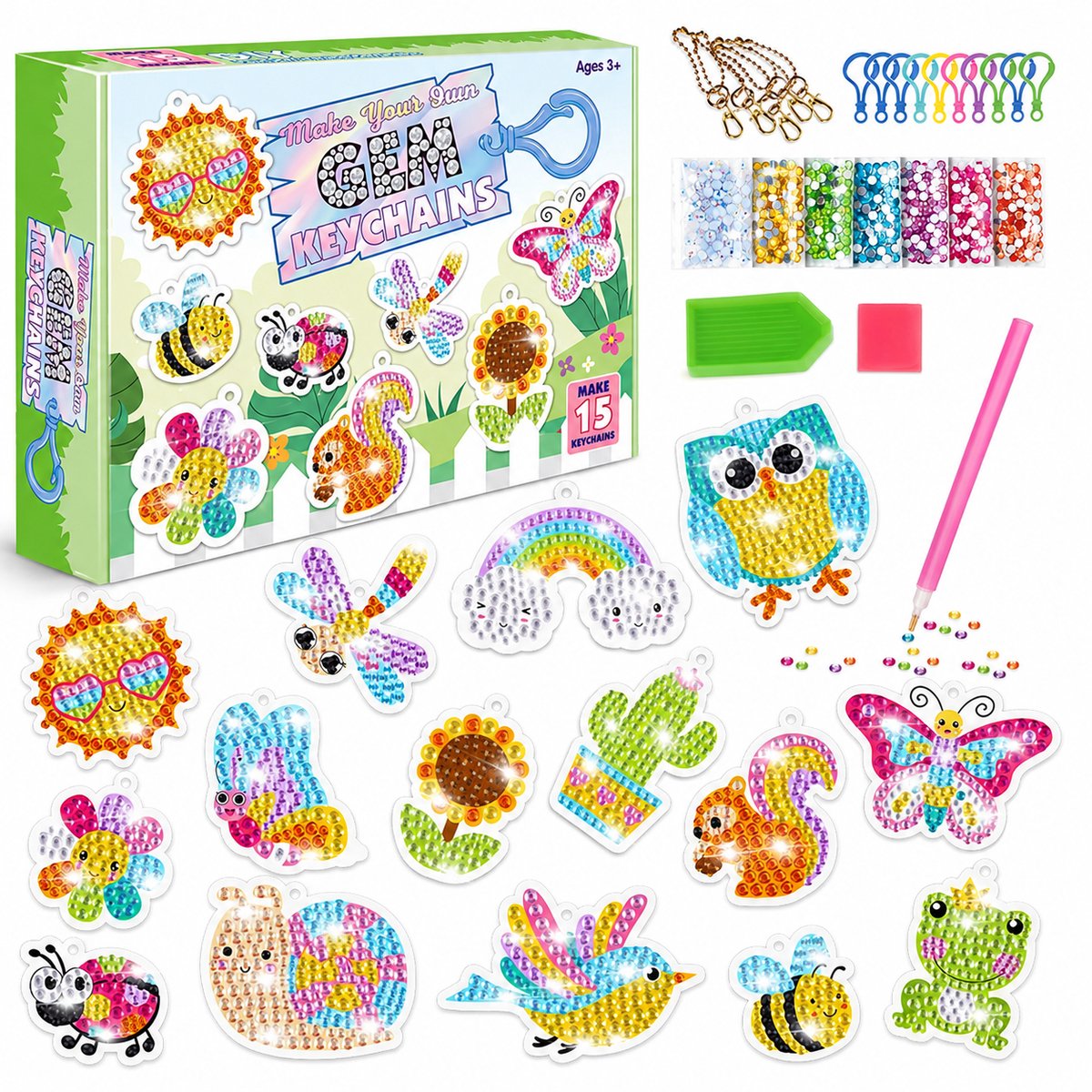 YYchan Diamond Painting Sleutelhanger- 15 Stuks DIY Knutselset - Compleet Decoratie Pakket - Creatief Cadeau - Voor Kinderen Vanaf 3 Jaar - uil