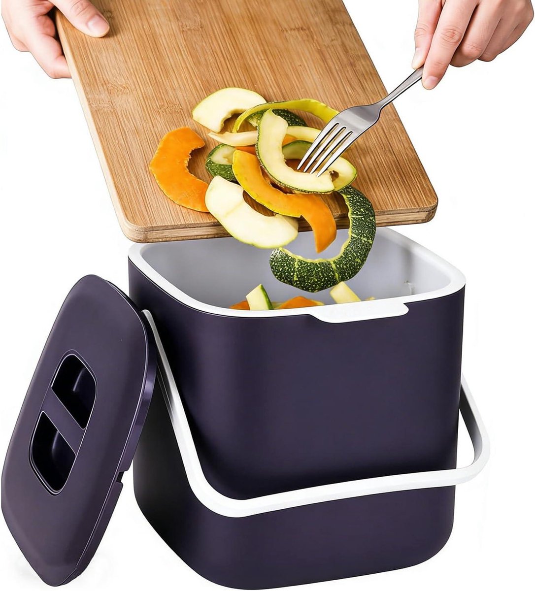 Compostbak Keuken - Afvalbak Compost - Voedselresten Verwerken - Geurfilter - 17 x 16 x 18 cm - Paars