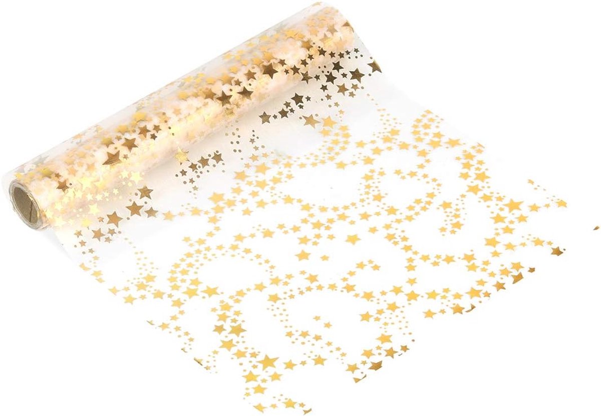 Tafelloper met sterren, tafelband, transparant goud, 28 cm x 5 m, organza tafelband, voor Kerstmis, verjaardagen, adventstijd, geschenk, doe-het-zelf