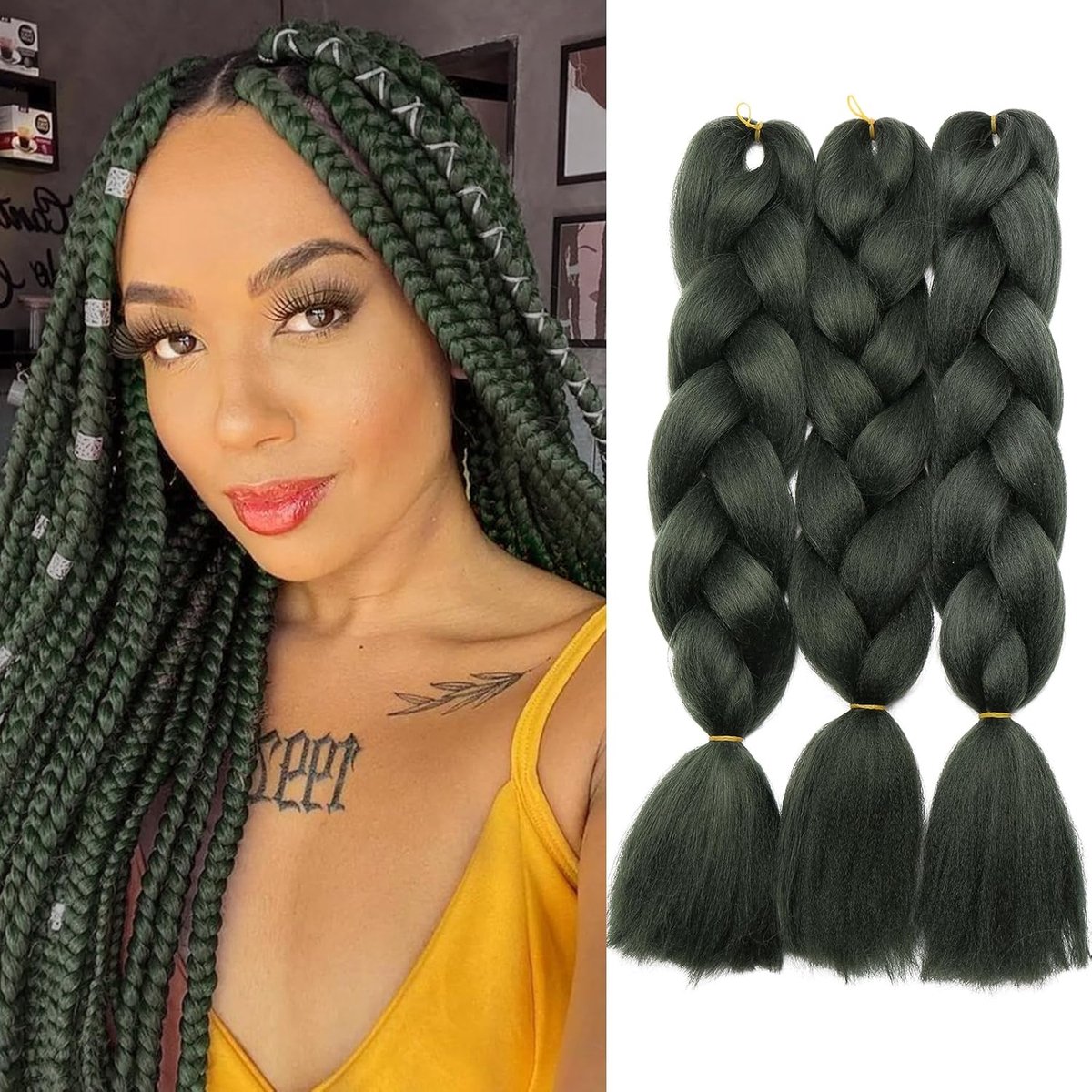 Haarextensies, kunsthaar, gehaakte vlechten, haarverlenging, synthetische vlechten, net echt haar, afro, 3 stuks, 100 g/stuk, 60 cm, zwart-groen
