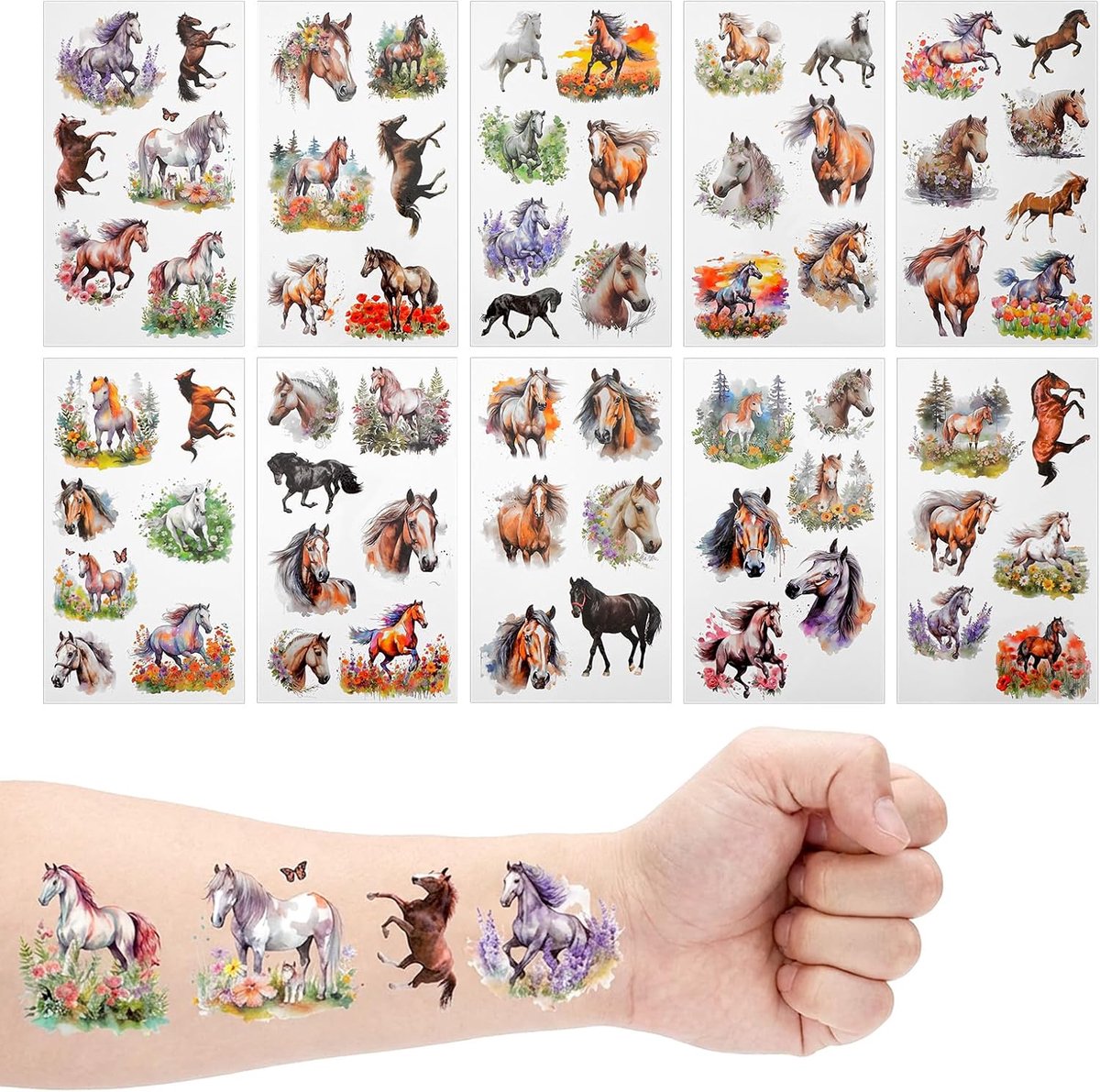Tijdelijke tatoeages voor kinderen, paarden, valse tijdelijke tatoeages - Levendig paardenmotief - Watertransfer tatoeage - Zelfklevende bodysticker