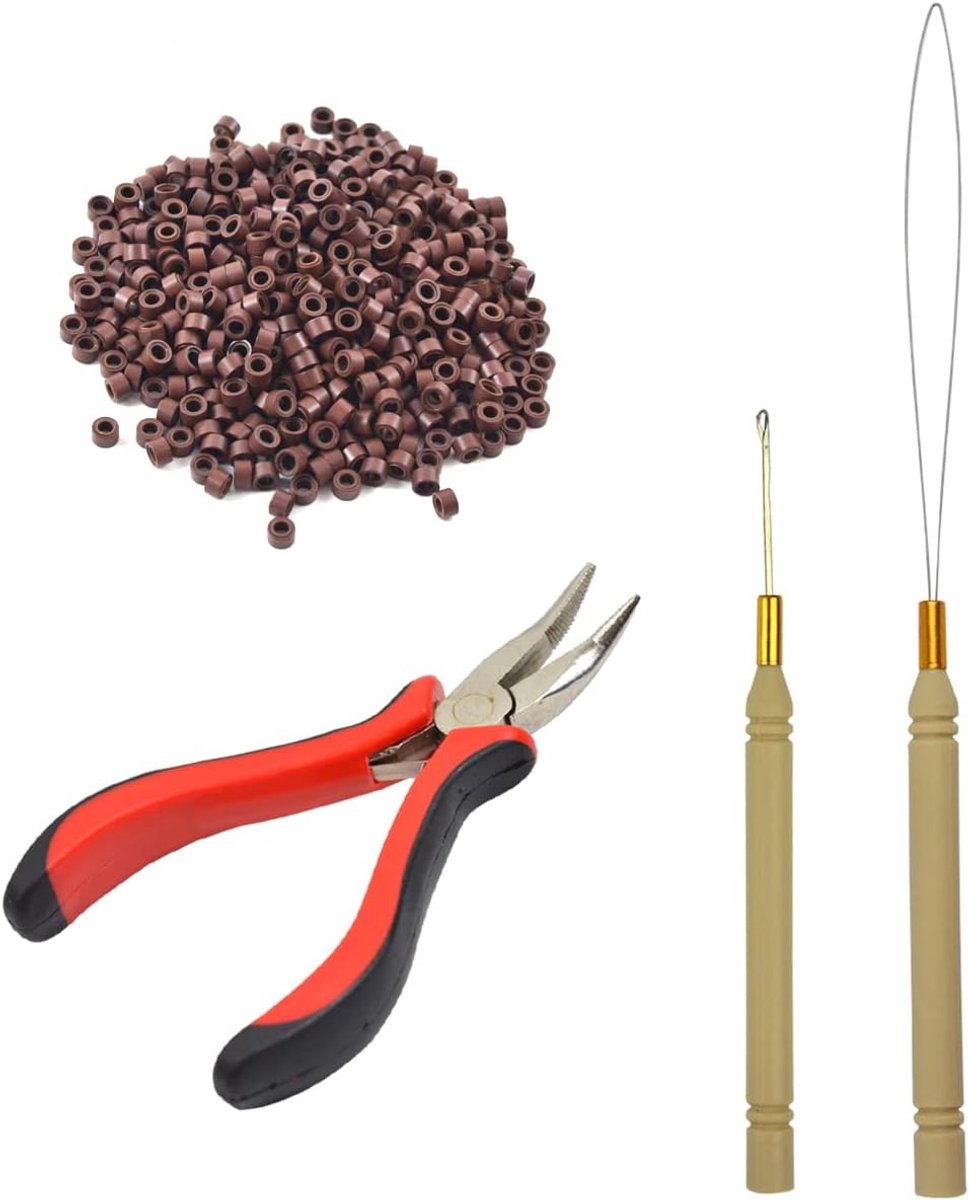 Haarverlengingsset met Microring Haartang, Microring-naaldinrijger, 1 Trekhaak en 500 stuks 5 mm Microringen (Bruin)