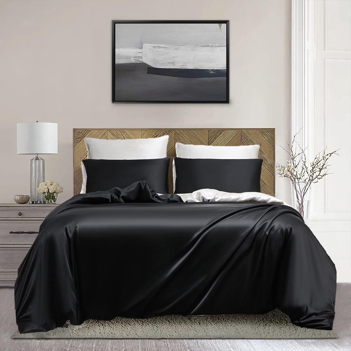 Satijnen beddengoed, 135 x 200 cm, zwart-wit, glanzend satijn, omkeerbaar beddengoed, glad, glanzend, zijdeachtig, luxe dekbedovertrekset met ritssluiting en kussensloop 80 x 80 cm