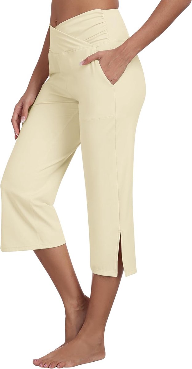 Outdoorbroek voor dames, capribroek, stretch, 3/4 lange cross-waist, uitlopende yogabroek met zak