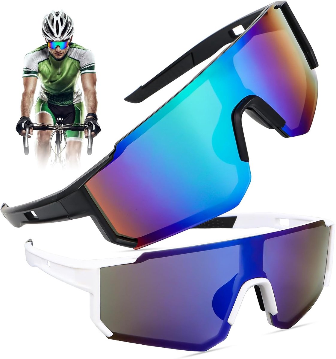 Gepolariseerde fietsbril, 2 stuks, sportzonnebril, snelle bril, rave fietsbril, windbescherming, voor heren en dames, UV400-bescherming voor outdoor-activiteiten