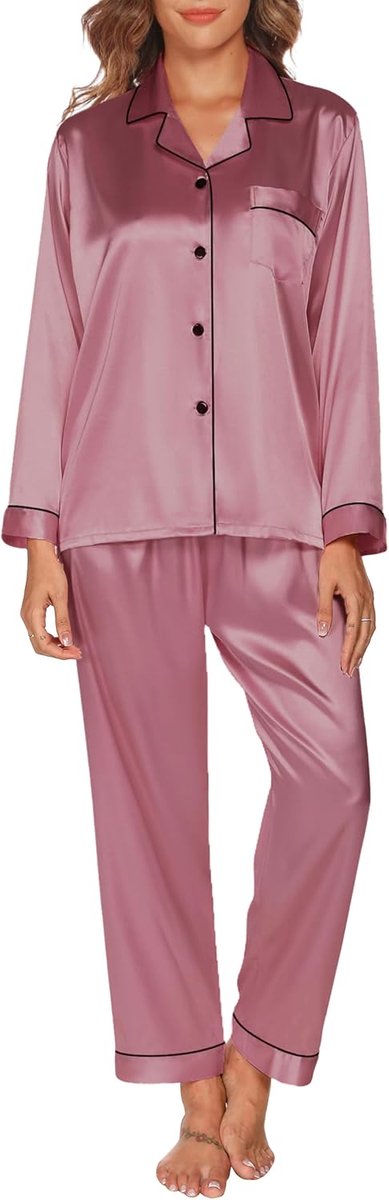 Damespyjama, tweedelige pyjama met lange mouwen en knopen, satijnen, winterpyjama, nachtkledingset, S-XXL