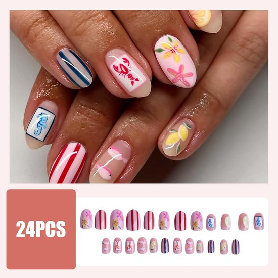24 stuks zomer press on nagels, ovale kunstnagels kort, bloemmotief nagels om op te plakken, zomer press on nagel amandel, strepen patroon strandnagels met citroen kreeft design — afbeelding 2