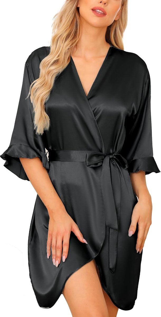 Satijnen badjas voor dames, zomer, zijden ochtendjassen, zachte badjas, 3/4 mouwen, nachtkleding met V-hals
