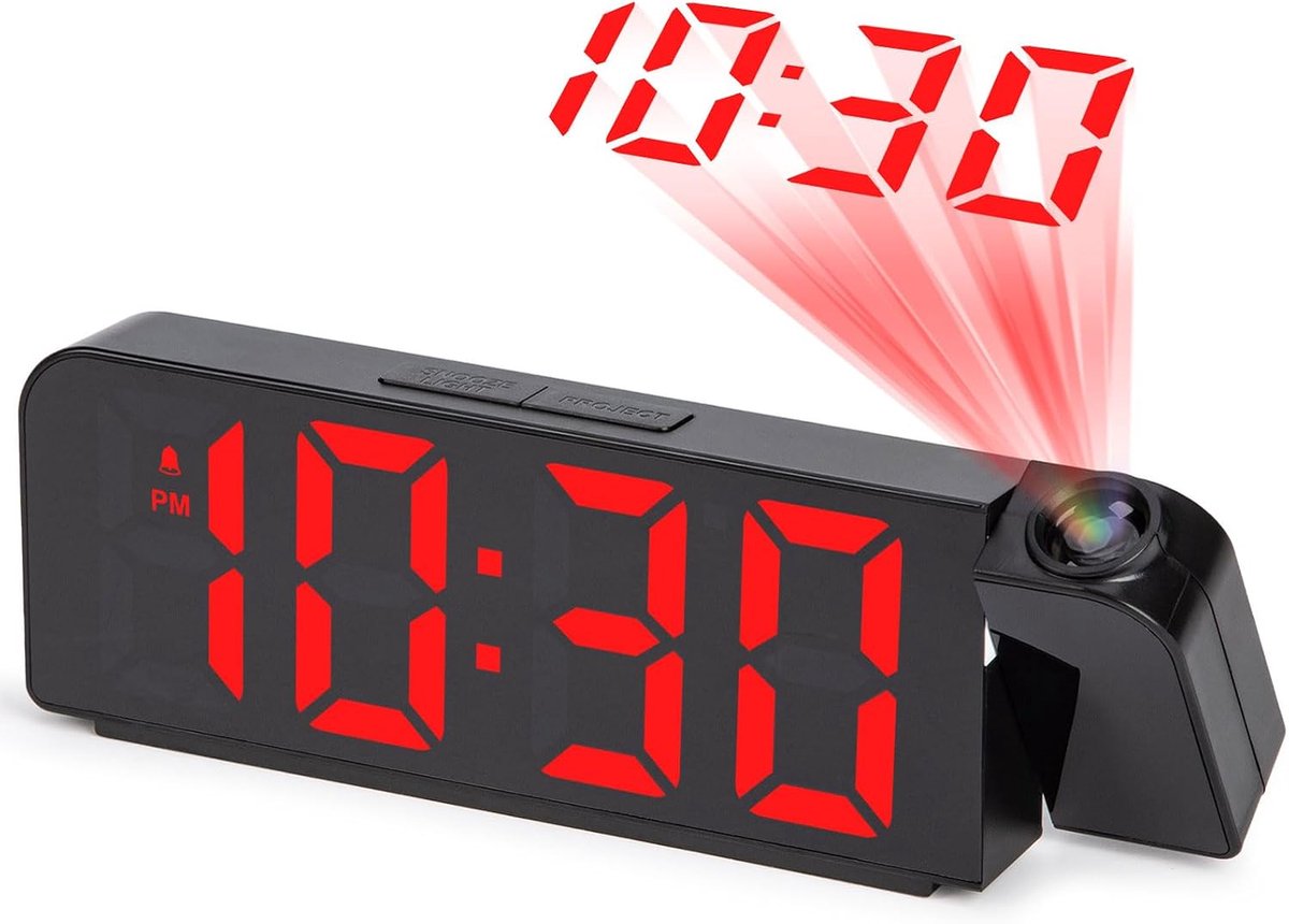 Projectorklok voor slaapkamer, digitale wekkers, nachtkastje met plafonddisplay, temperatuur en datum, groot LED-scherm, dimmer met 4 niveaus, nachtmodus, USB-voeding