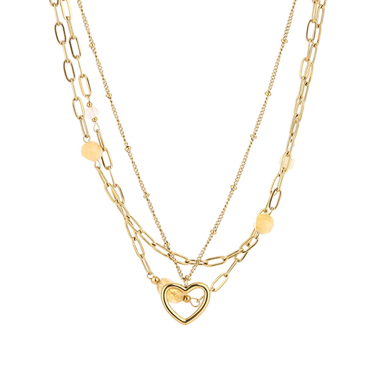 Dubbele Ketting Dames met Hartje & Stenen - Roestvrij Staal (RVS) - Layered Ketting 2-in-1 met Open Hart Hanger - Kralen Ketting 40+5 cm - Sieraden Cadeau Vrouw - Geel