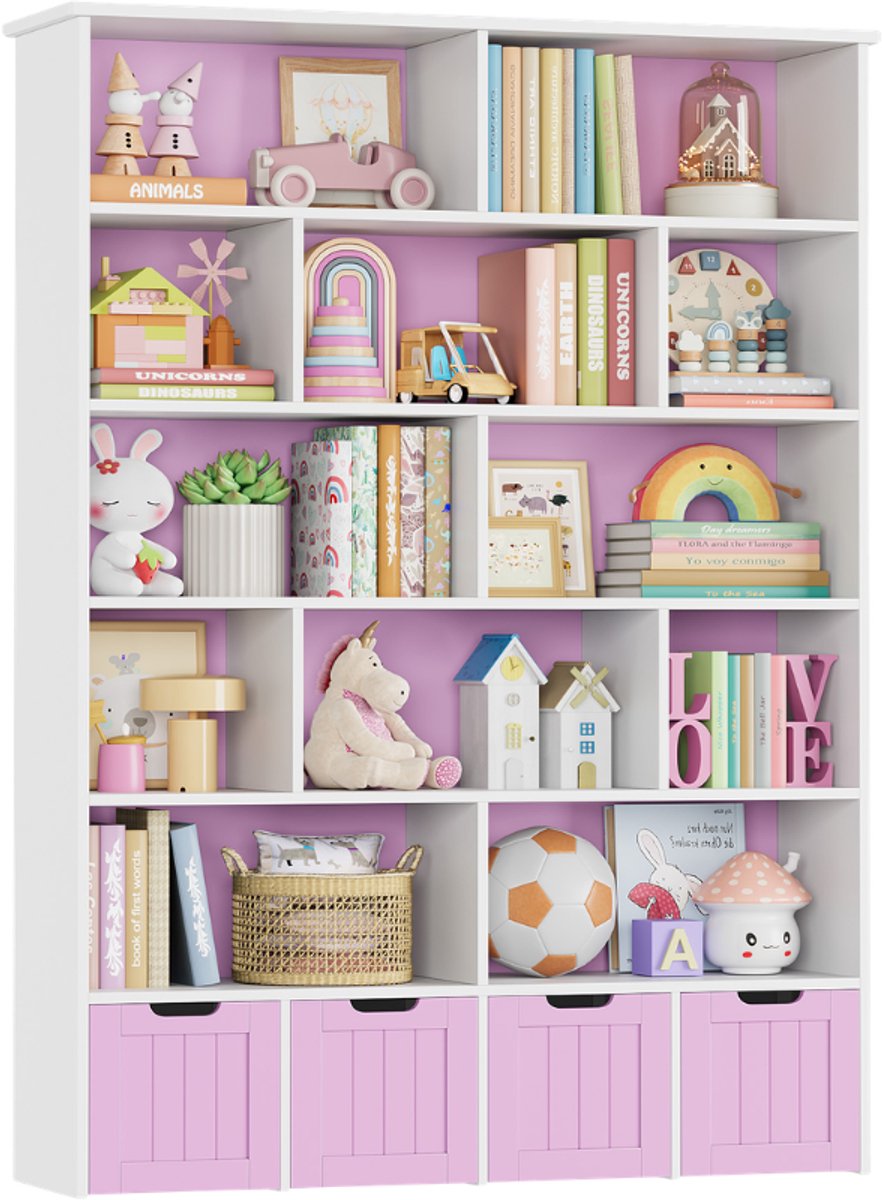 Kinder Opbergkast met Boekenplank – Voor Kinderkamer & Speelkamer – Speelgoed Organizer met 4 Lades en 13 Vakken – Wit Hout 125,5x33x175 cm