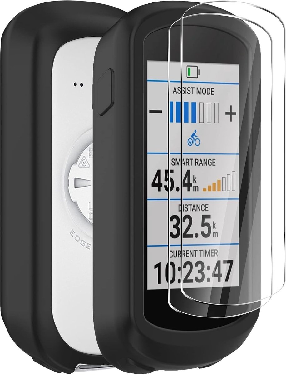 Siliconen hoes voor Garmin Edge Explore 2 met 2 schermbeschermers, zachte schokbescherming en stijlvolle zwarte afwerking