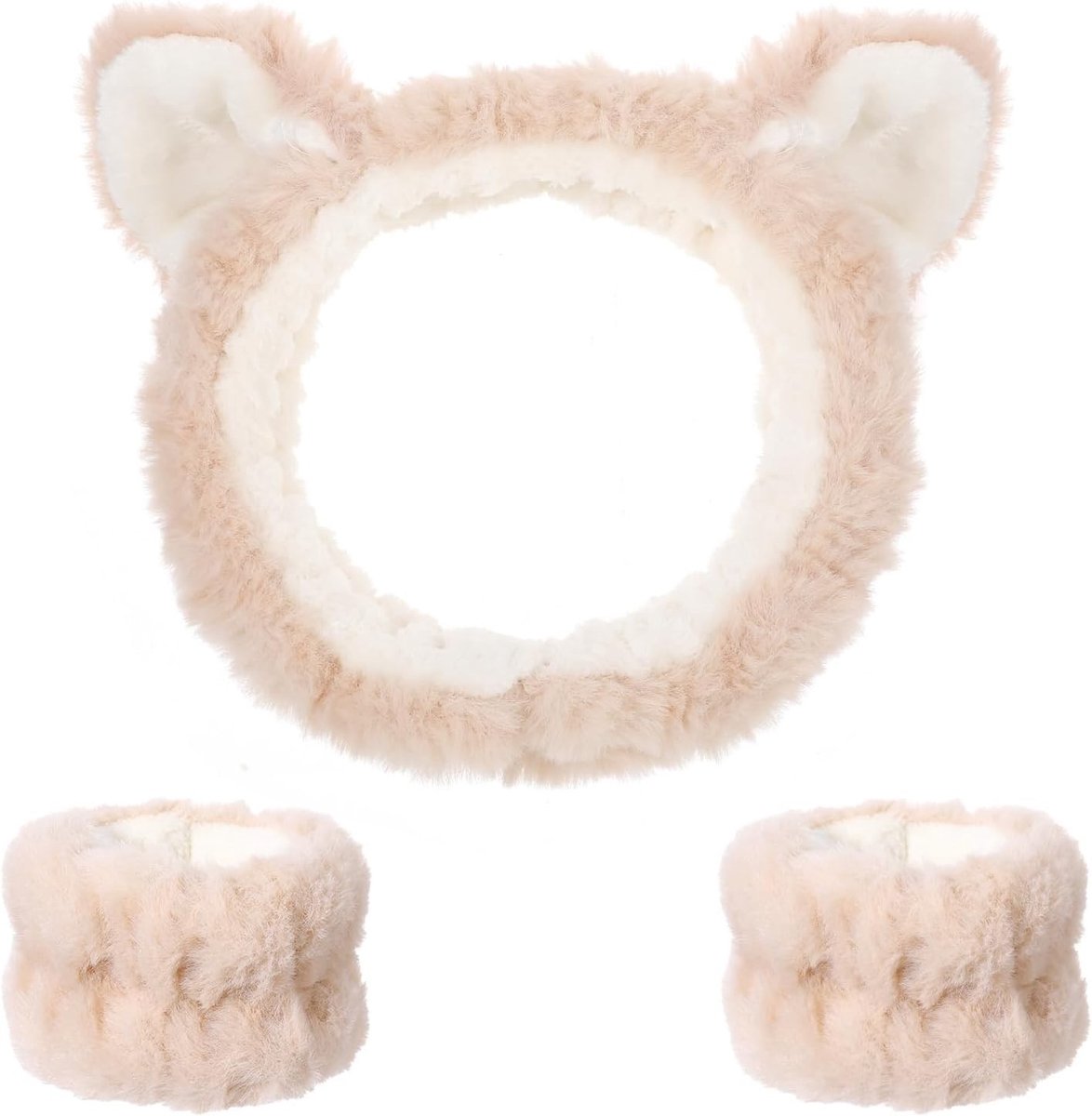 Pluche Kat Oren Haarband voor Make-up en Gezichtsreiniging - Elastische Haarband met Polsband voor Dames en Meisjes tijdens Douche, Spa of Yoga (Beige)