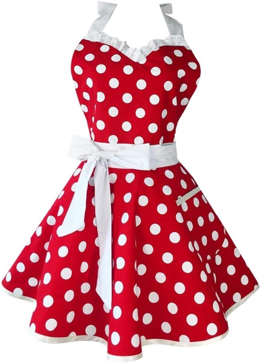 Retro Keuken Schort voor Dames met Polka Dot Design, Katoenen Schort voor Koken en Bakken, Perfect voor Thuis en Salon Gebruik