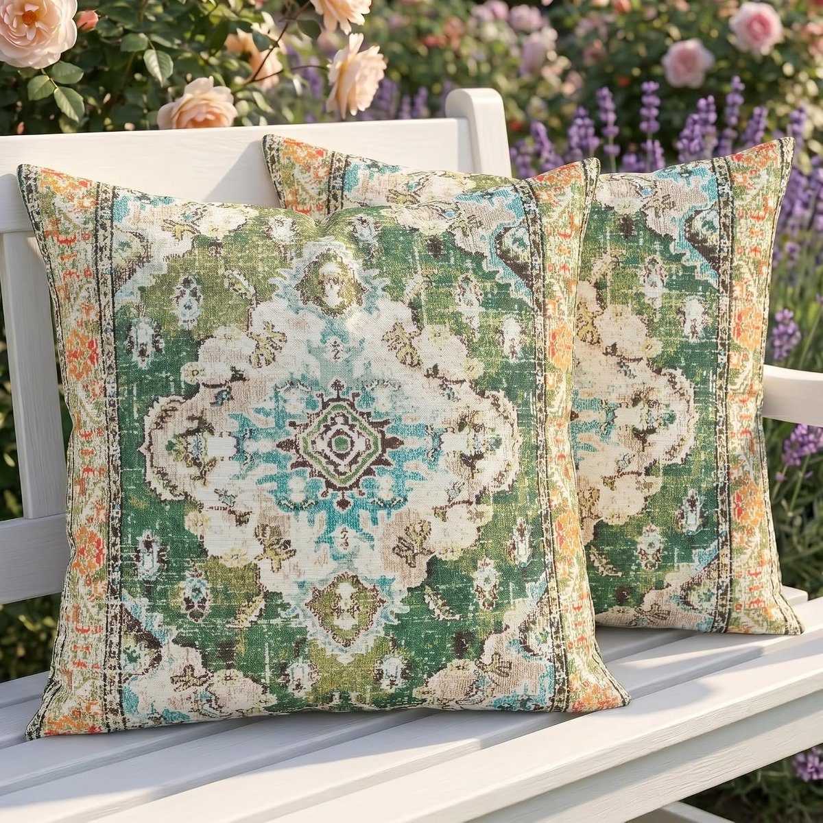 SnelShoppen - Weerbestendige outdoor kussenhoezen 45 x 45 cm, set van 2 boho-sierkussens, dubbelzijdig patroon, groen, vintage linnen bankkussen voor